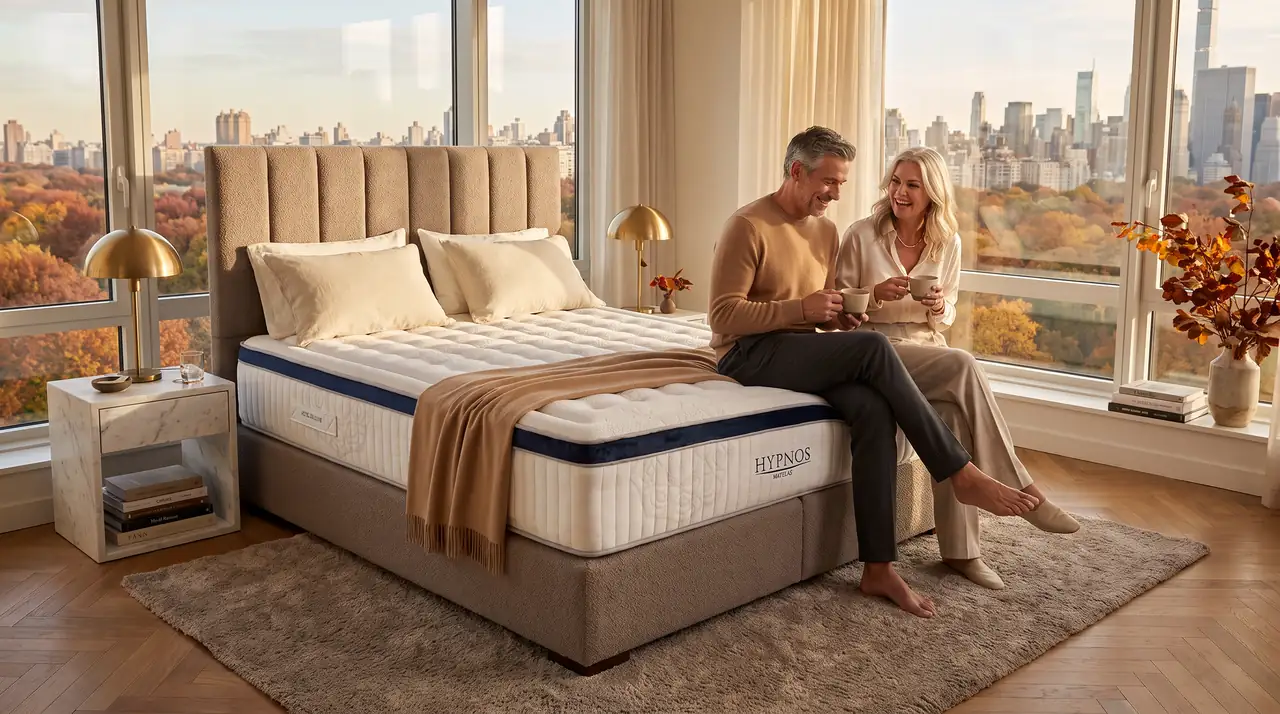 Couple souriant assis sur un matelas Morpheus Hypnos, Black November chez Literie Décor