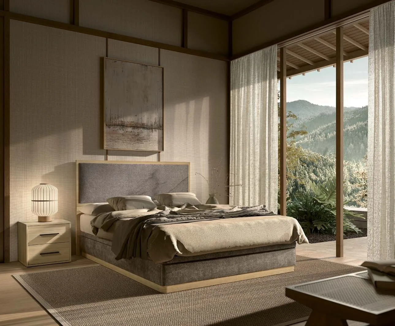 Meubles de chambre : chambre aux tons naturels avec chevets en bois clair et grande baie ouverte sur la montagne