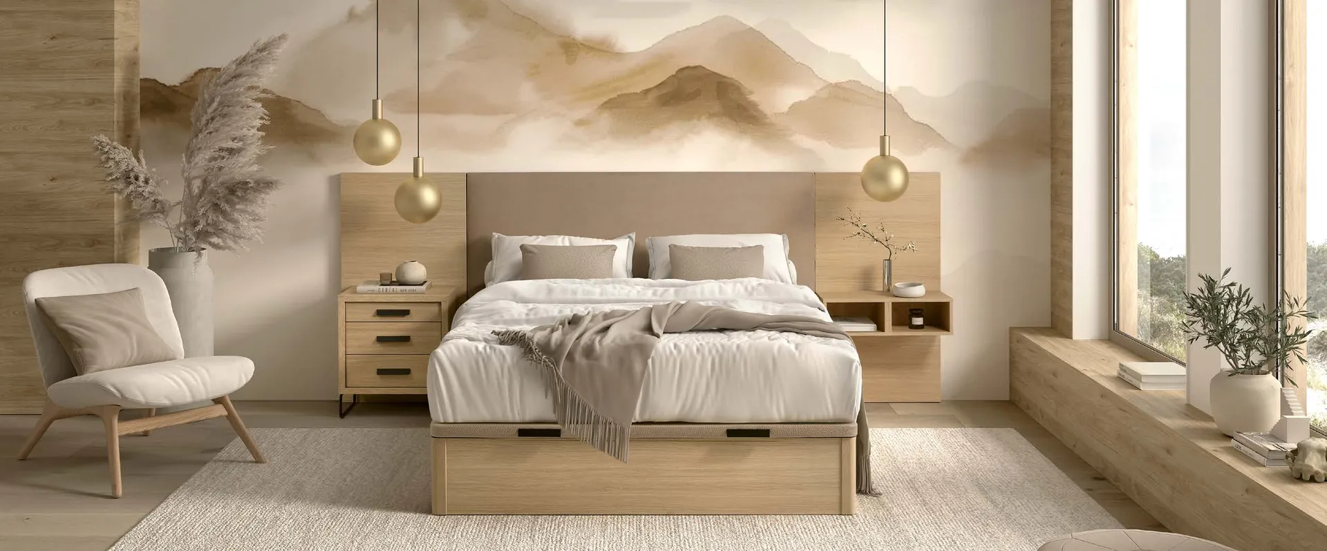Lits coffres : chambre lumineuse avec lit coffre en bois clair, tête de lit en tissu et chevets assortis