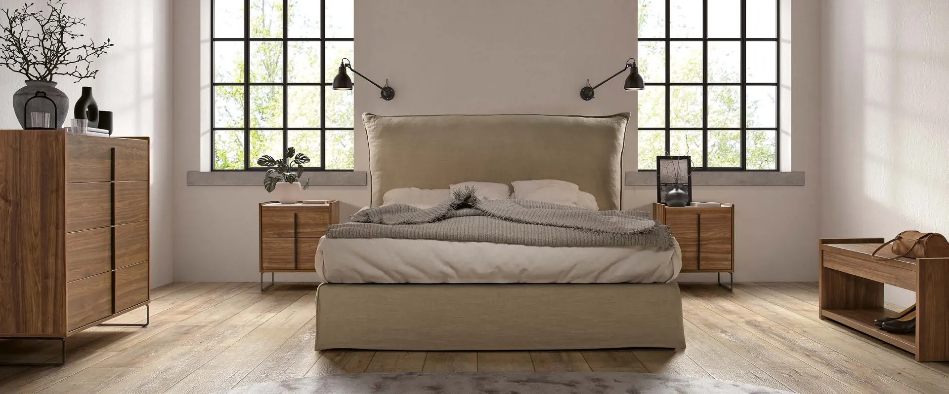 Chambre complète avec lit tapissé, chevets, chiffonnier et banc en bois noyer