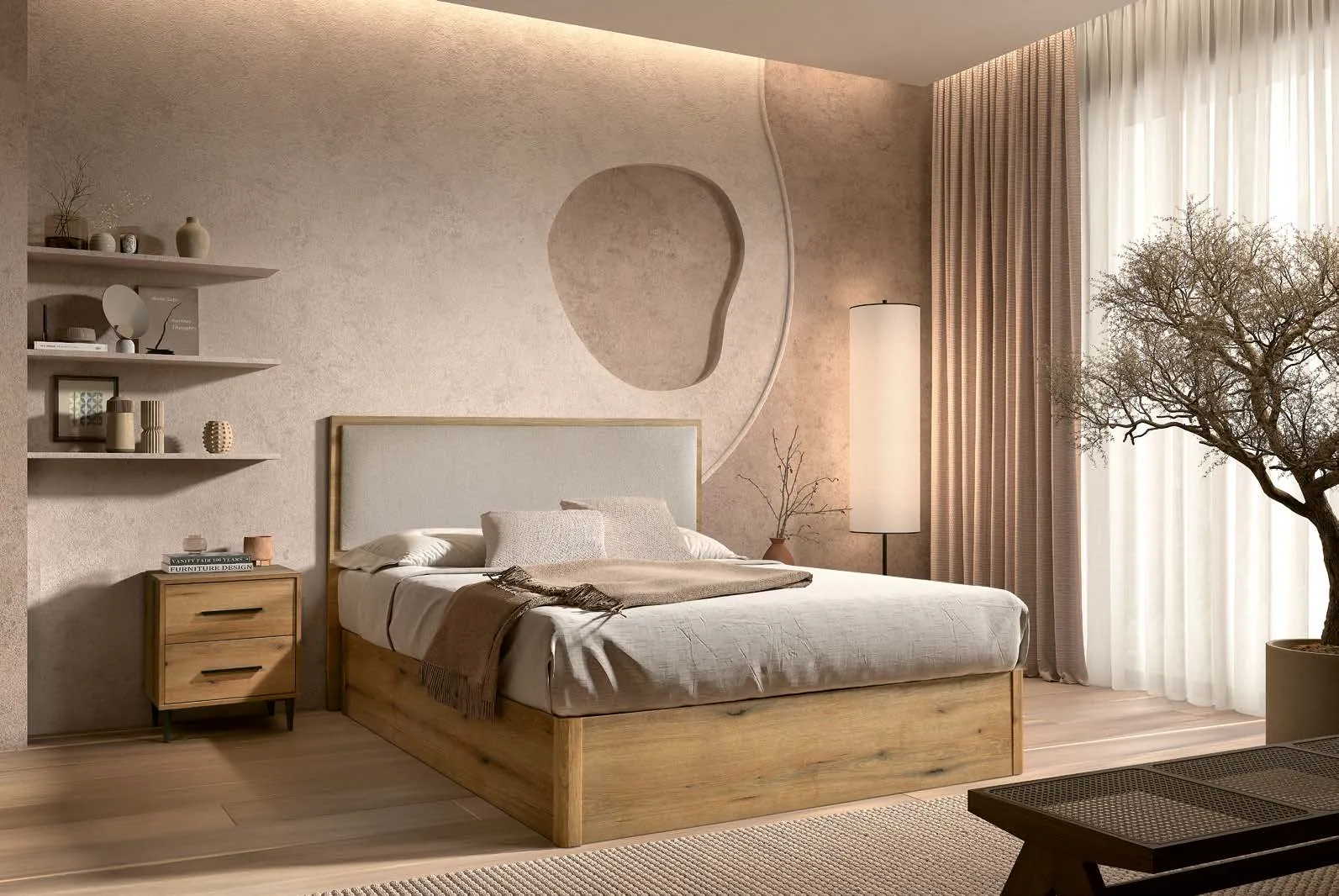 Literie Arles : chambre aux tons chauds avec lit coffre en chêne, tête de lit en tissu et olivier