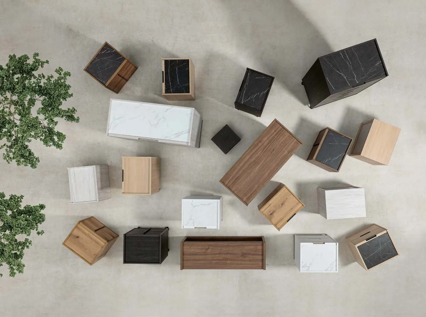 Chevets en bois et en éco-marbre noir et blanc vus du dessus