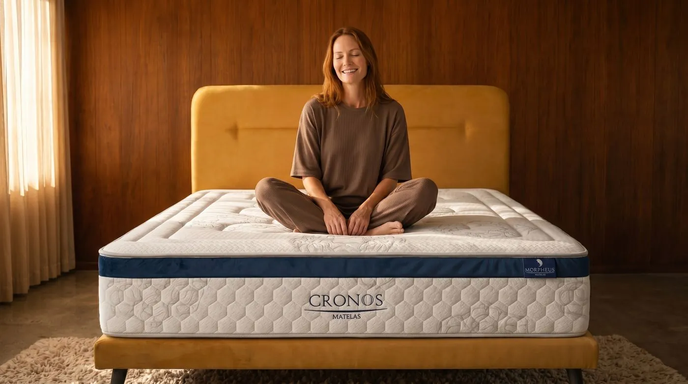 Cliente souriante assise sur un matelas