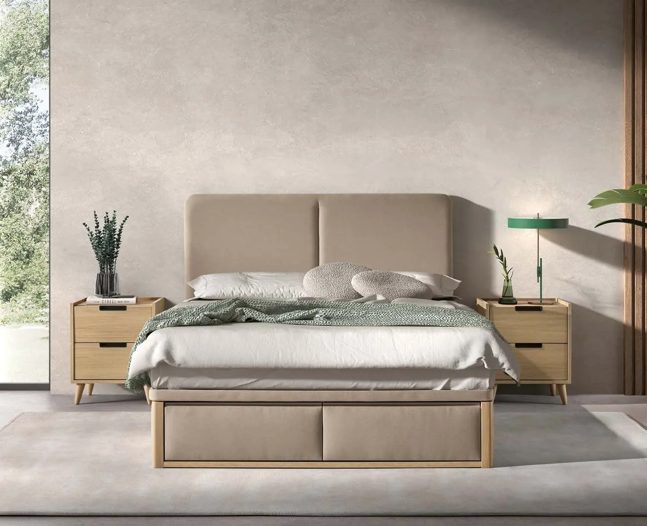 Têtes de lit : lit avec tête de lit tapissée beige et chevets en chêne dans une chambre claire
