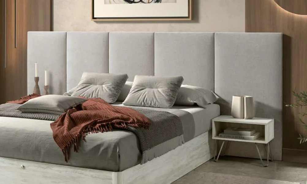 Lit coffre avec grande tête de lit en tissu gris