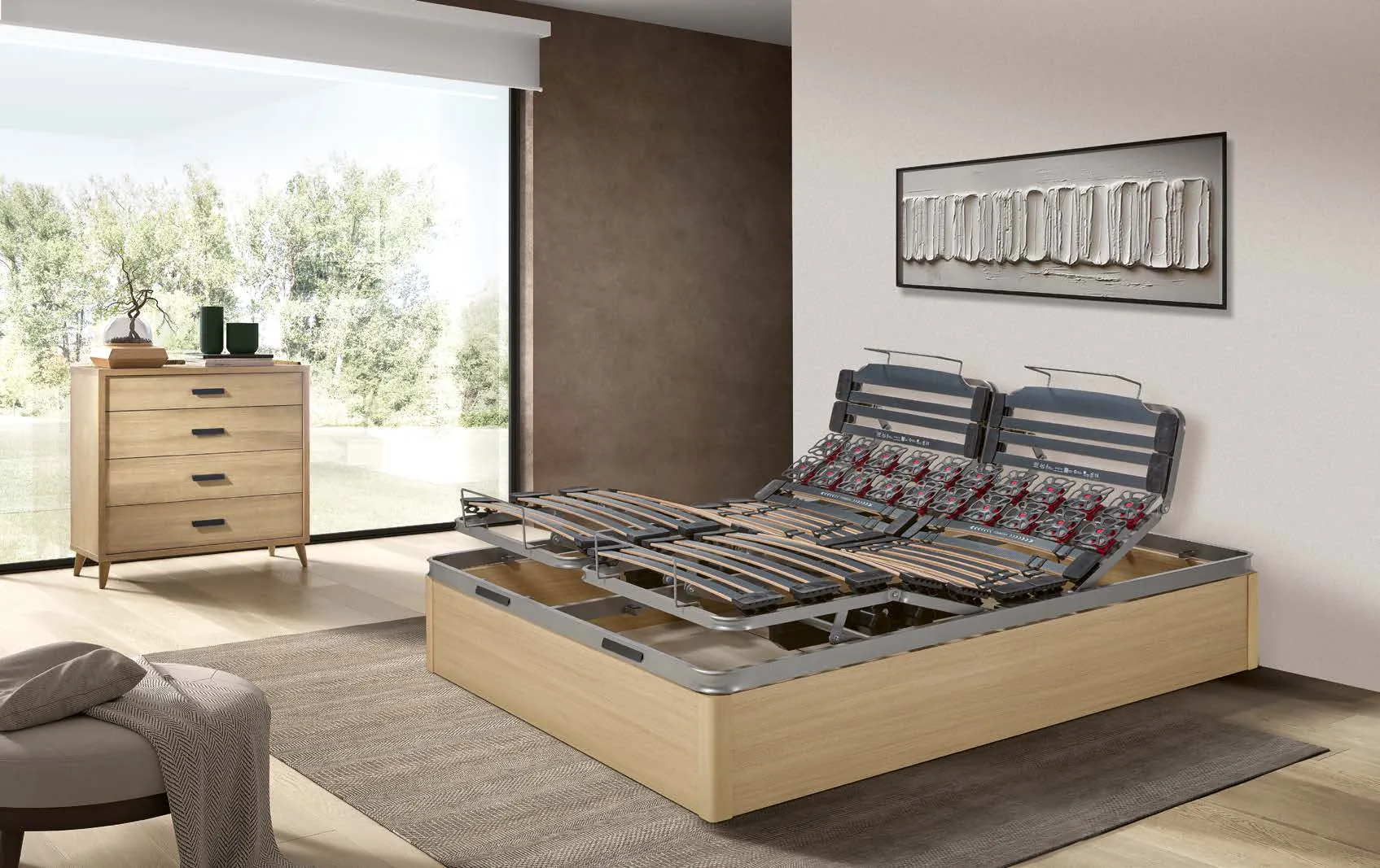 Lit coffre en bois avec plateau articulé de relaxation relevé