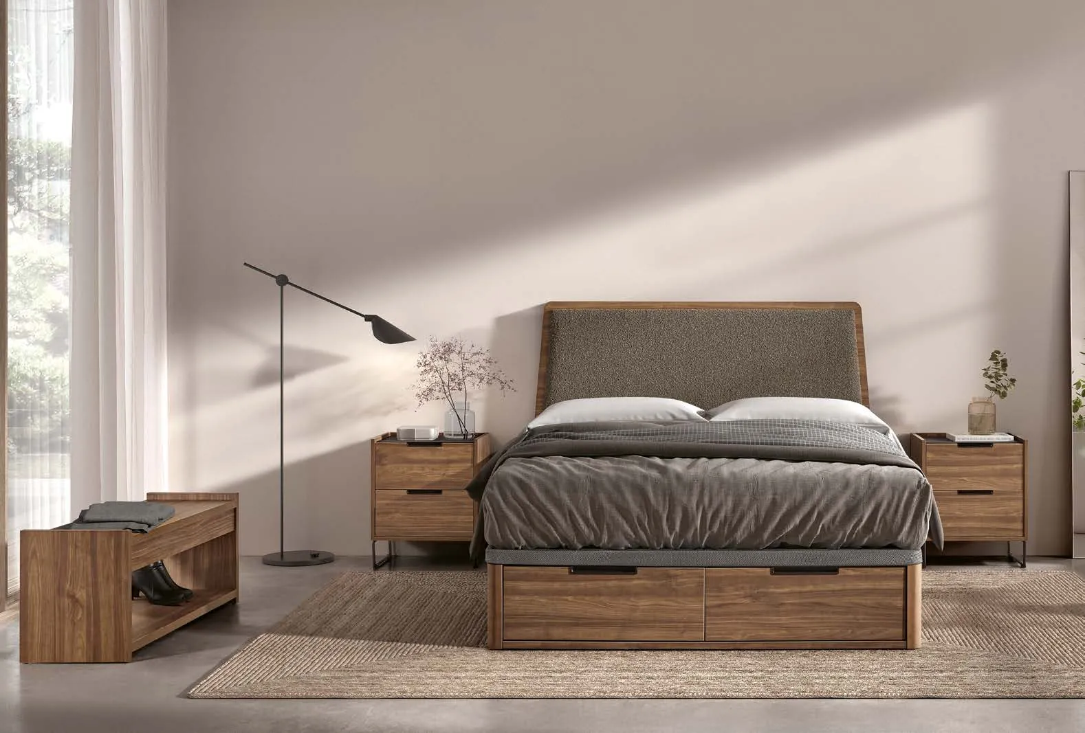 Lit coffre en bois noyer avec tête de lit en tissu